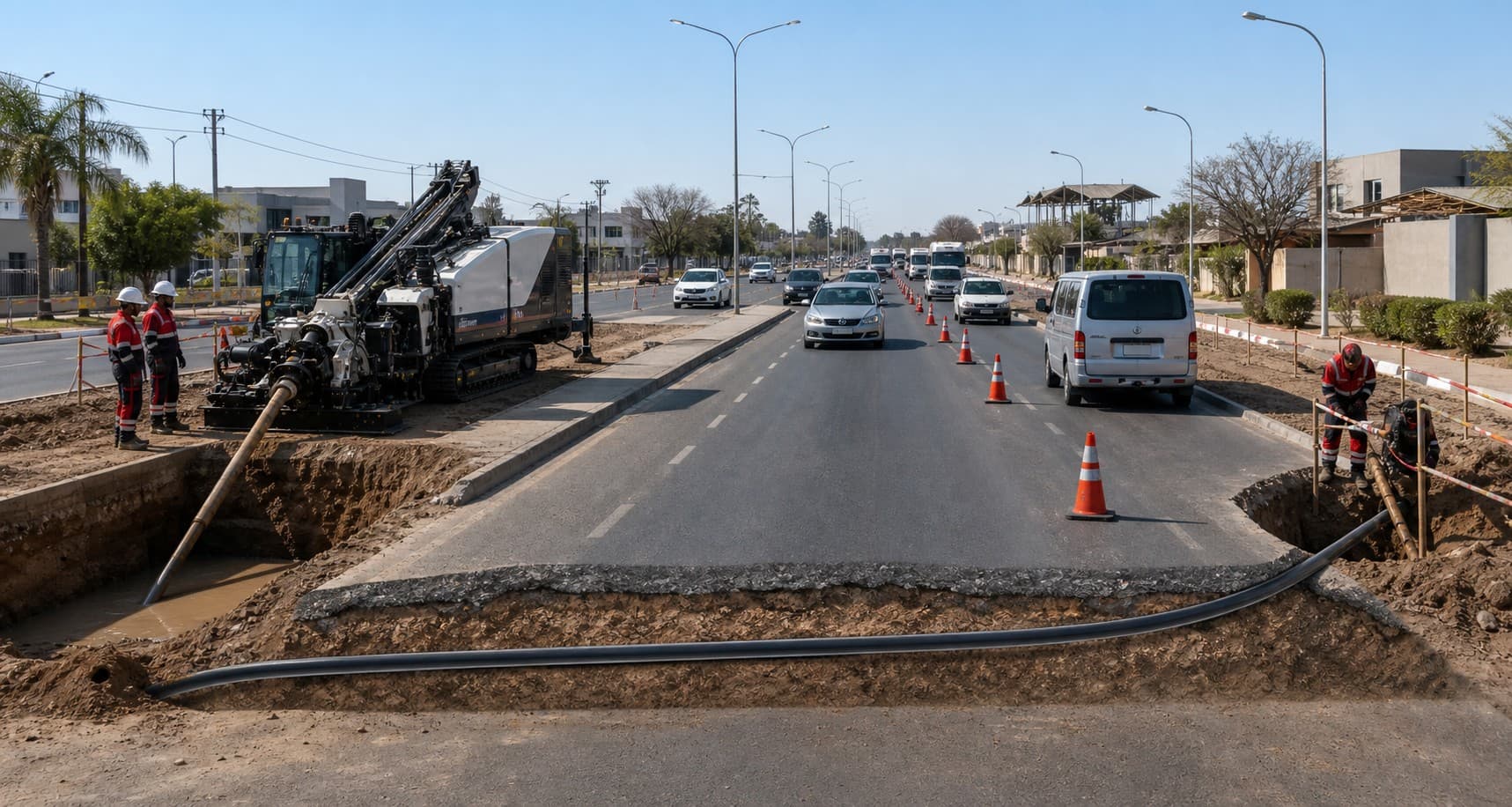 HDD fibre duct installation beneath an active roadway